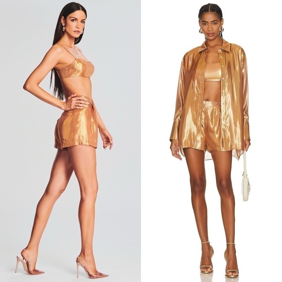 NWT RETROFETE Set Silk Metallic Chiffon High Waist Pleated Short & Bra Top XL - Picture 9 of 16